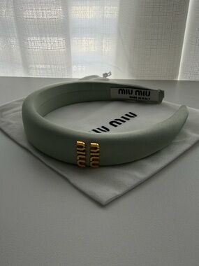 Miu Miu Mint Green Padded Headband with Gold Logo Hardware